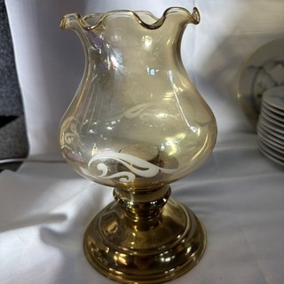 Vintage Brass Amber Hurricane Candle Stick Holder made in England Cottagecore