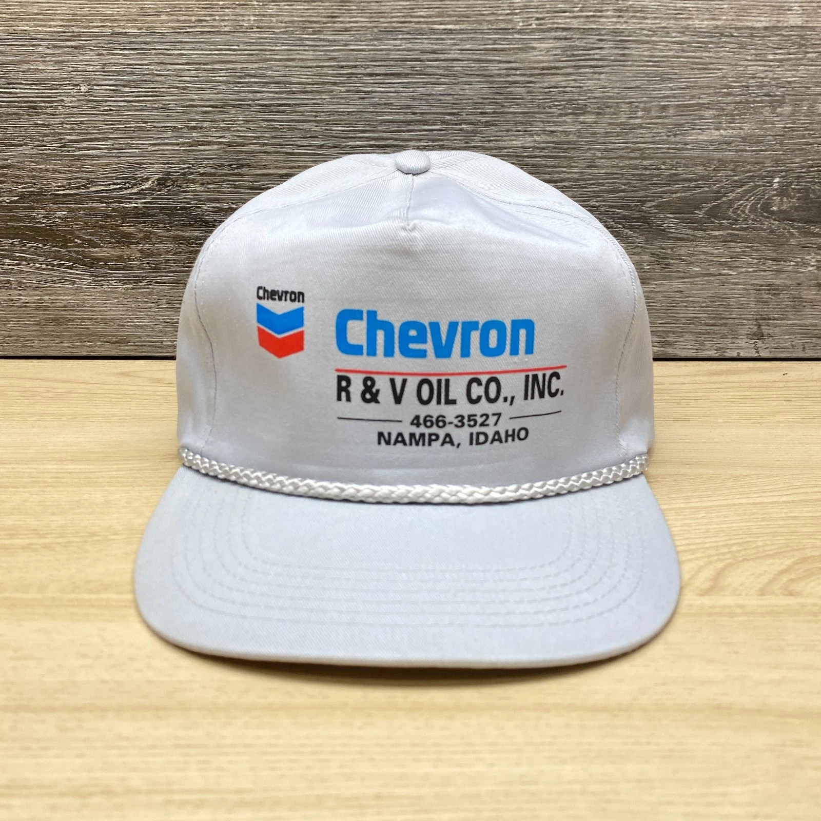 Vintage Chevron R & V Oil Co Inc Hat Cap Snap Back White Nampa Idaho Gas Trucker