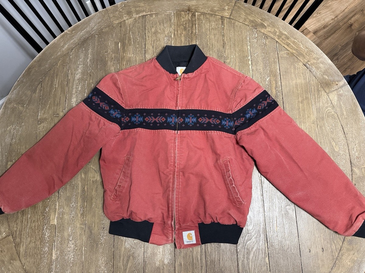 VINTAGE Carhartt Red Canvas Aztec Bomber Jacket Men's L Geometric