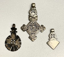 Vintage Lot Of 3 Ethiopian Coptic Cross Pendants Silver Tone  Brass