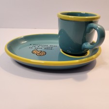 Juego de Plato Ovalado y Taza Pequeña Snack Postre Azul Amarillo Time to Celebrate