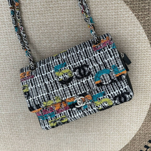 Chanel Classic Flap Medium Shoulder Bag Multicolor Tweed Silver Hardware Auth