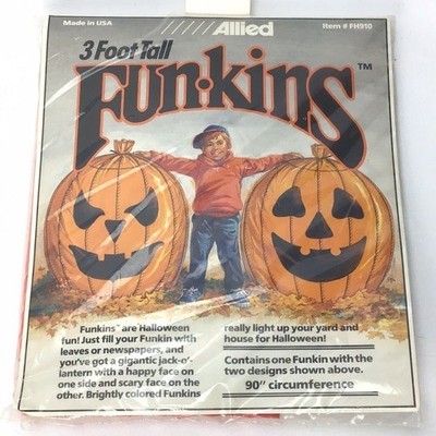 Vintage 1990 Allied Funkins 3 Foot Tall Pumpkin leaves leaf bag yard decor
