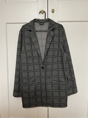 TAIFUN Damen Long Blazer Gr. 42 Grau Schwarz Kariert Neuwertig