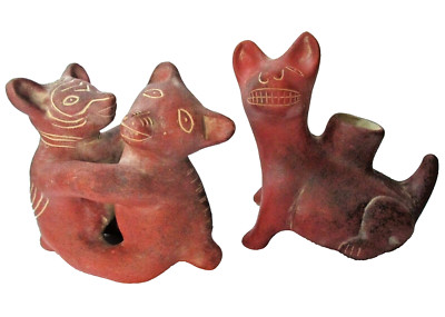 Mexican Clay Pottery Colima Dancing Dog Xolo Set Pre Columbian Aztec Style