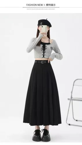 Faldas plisadas retro cintura alta para mujer faldas largas oficina informales faldas línea A - Imagen 17 de 28