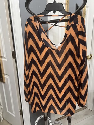 Moa Moa Blouse Top Size L Long Sleeves Chevron Pattern Sheer Orange Navy