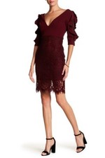 Soieblu V-Neck Lace Ruffle Sleeve Dress Wine MSRP $104