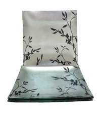 Painted Glass Silver Black Asian Floral Square 4 Chargers Dinner Plates 11.75"