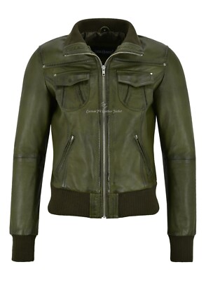 Damen Bomber Lederjacke Oliv Lammleder Klassische Mode Biker Style 3758