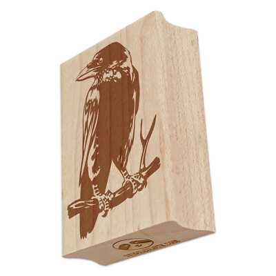 Wise Black Raven Crow Perched on Branch Rectangle Rubber Stamp for Stamping