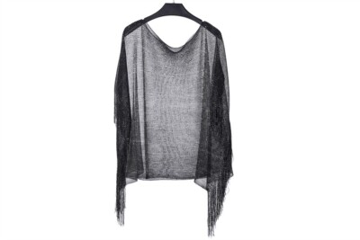 Black Silver Metallic Poncho With Fringes Sparkling Over Shoulder Cape Top 1 SZ