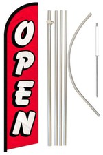 Open (Red & White) Windless Banner Flag 16' Flagpole Kit Ground Spike