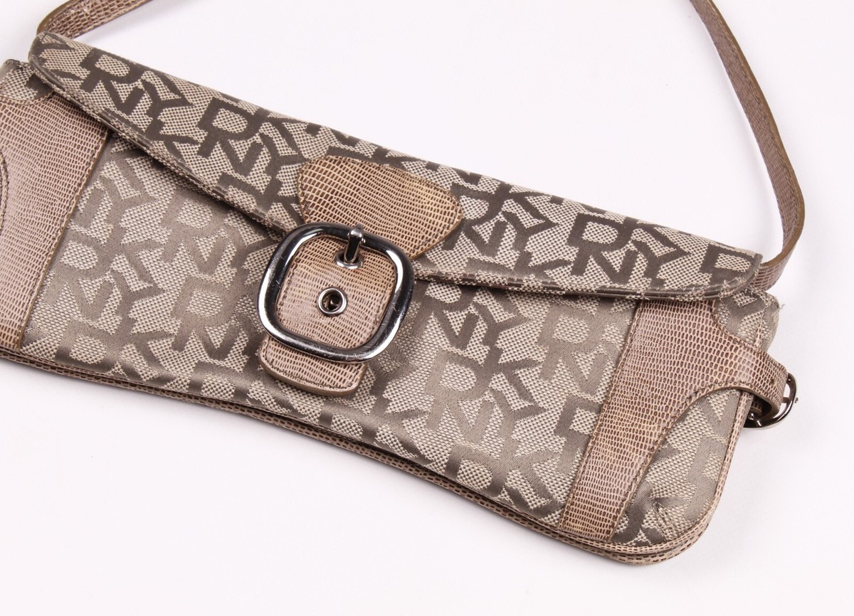 Vintage DKNY Monogram Y2K 90's Glam Small Shoulder Taupe Baguett