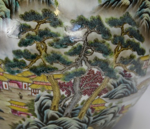Large Chinese Republic Famille Rose Landscape Globular Porcelain Vase with Mark - Picture 8 of 12