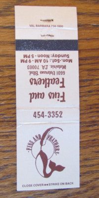 WHALE MATCHBOOK COVER: FINS & FEATHERS METAIRIE, LOUISIANA EMPTY MATCHCOVER -C1