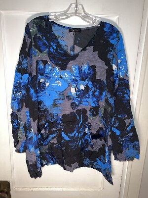 Comfy USA Abstract Crinkle Tunic Lagenlook roll tab Sleeve Top Size M.  d521