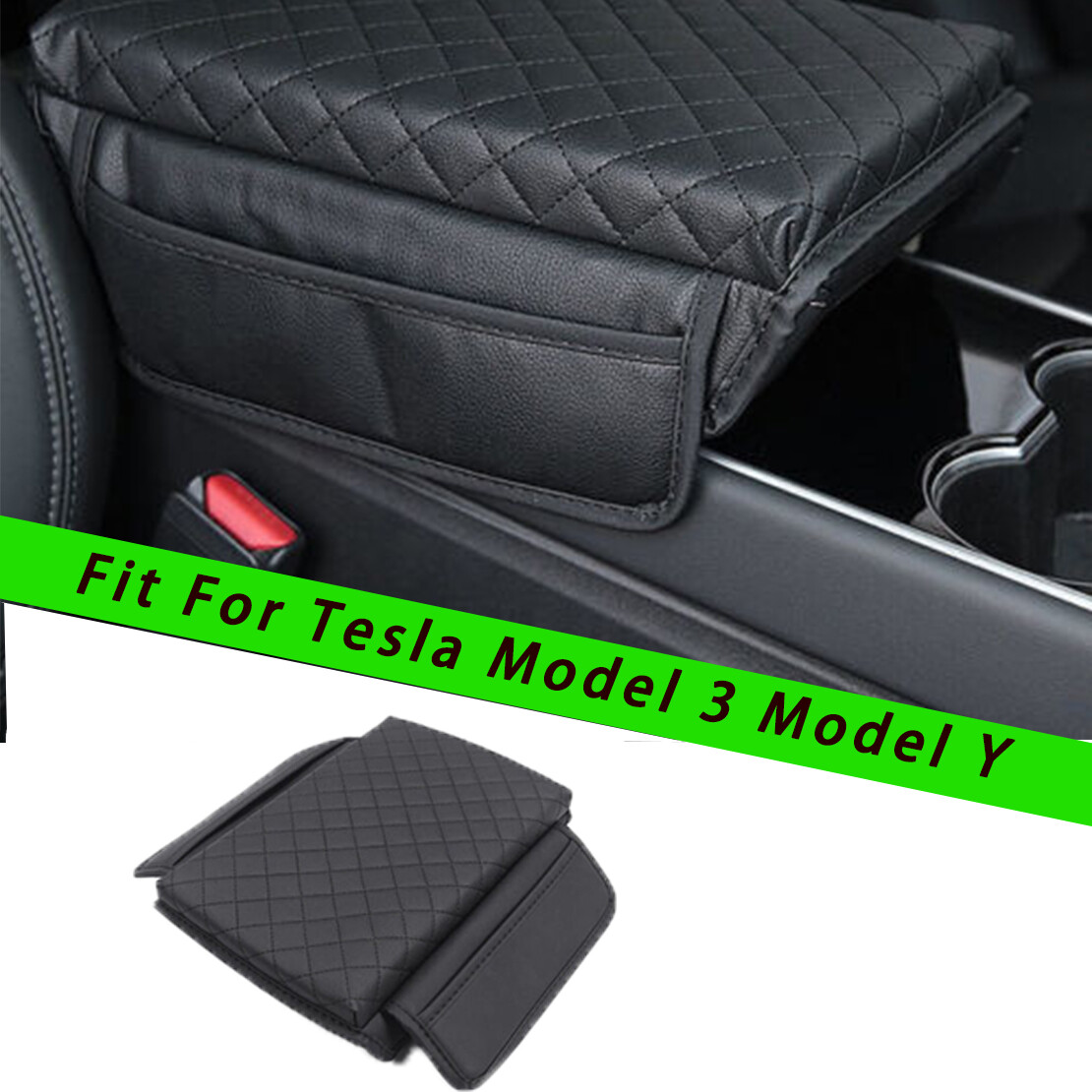 Leather Center Console Lid Armrest Cover Trim For Tesla Model 3 Model Y Black