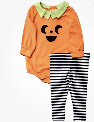 Infant Orange Pumpkin Halloween Bodysuit & Stripe Pants Set Newborn