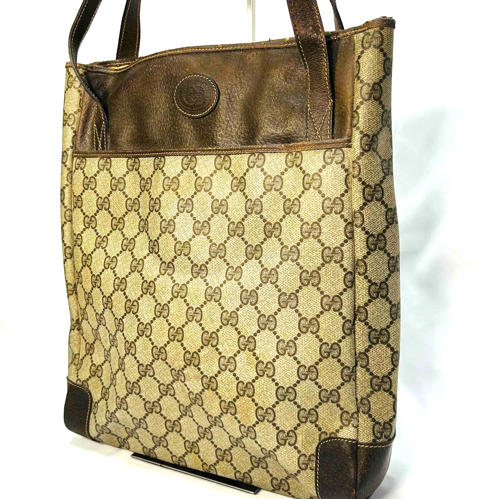 Vintage GUCCI  Tote Bag GG Supreme PVC Shoulder Bag Brown Authentic
