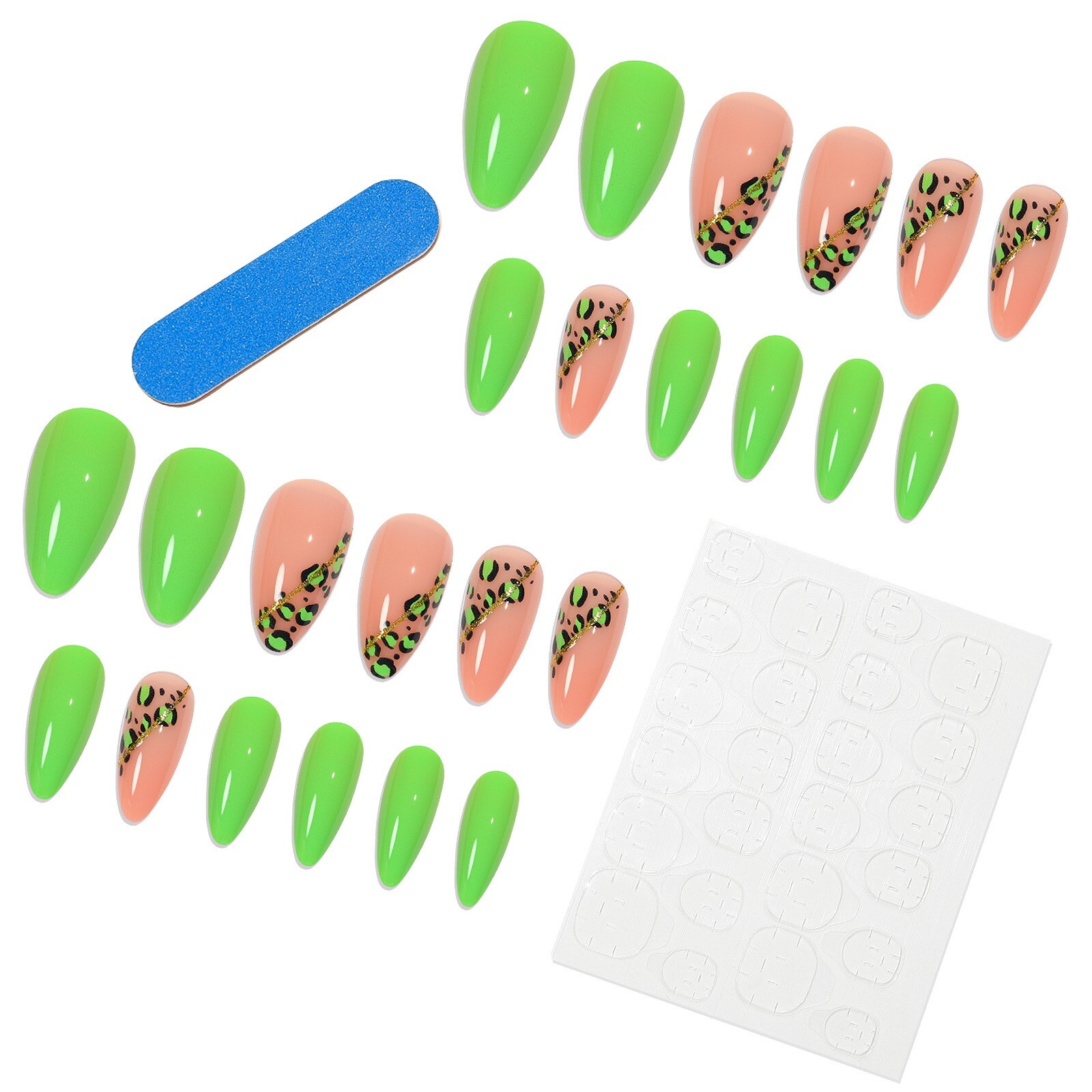 24 Pcs Press on Nails Green & Pink Leopard Print False Nail Tips Almond