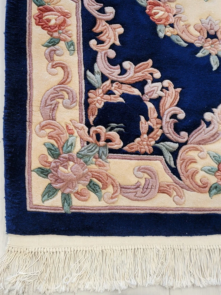 Tibetan 4' x 6' Oriental Hand-knotted Royal Blue Wool Floral Area Rug - Image 4 of 4