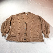 American Eagle Sweater Womens Tan Ribbed Chunky Knit Button Grandma Core V Neck