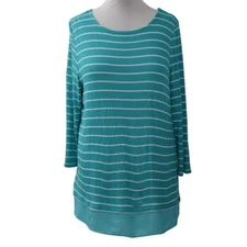 Talbots Womens Striped Teal White Top Tunic  XL Long Sleeve