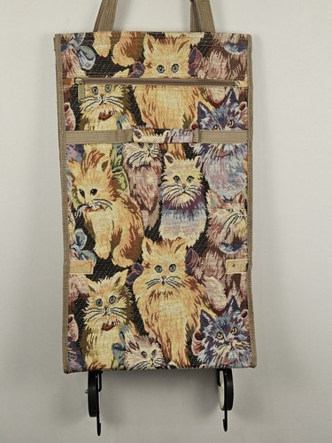 Vintage Cat Tapestry Rolling Shopping Tote Bag Folding Wheels