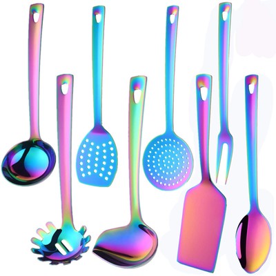 Stainless Steel Kitchen Utensil Set -8 Cooking Utensils, Colorful Titanium Pl...