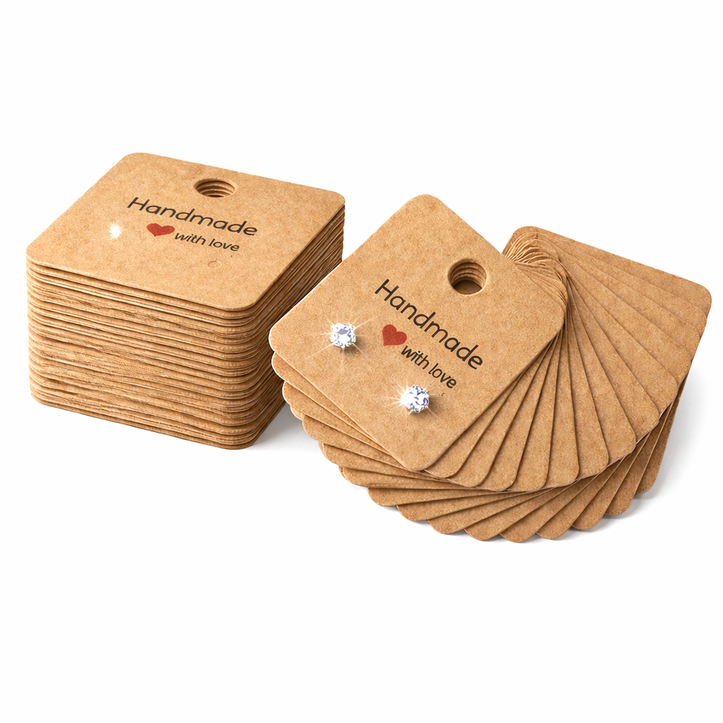 25 x Handmade With Love Jewellery Display Cards For Earrings Kraft Brown 4cm