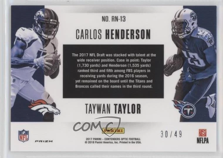 2017 Panini Contenders Optic Red /49 Carlos Henderson Taywan Taylor Rookie RC - Image 2 of 2