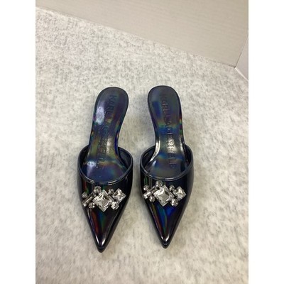 Karl Lagerfeld Sosie Blue Hologram Patent Crystal Mules Kitten Heels US 6.5 M
