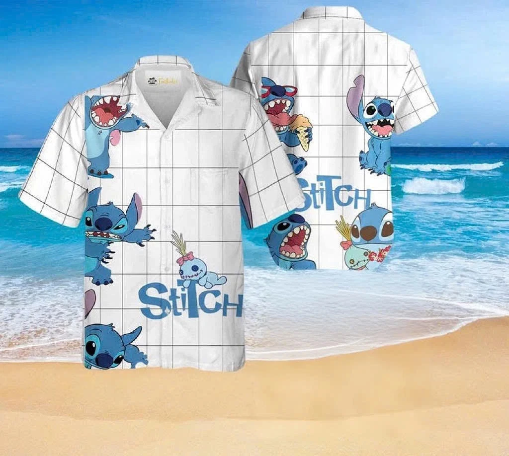 Cute Stitch & Scrump Lilo And Stitch Summer Vibes White Grid Hawaiian Shirt