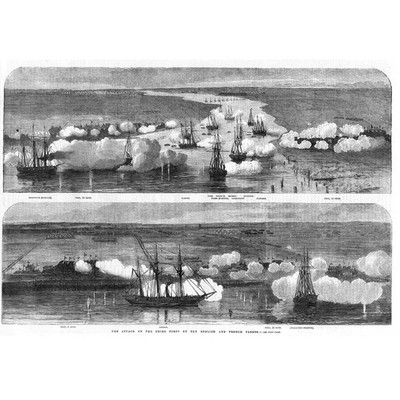 CHINA Angriff auf die Peiho Forts britischer & französischer Flotten - antiker Druck 1858