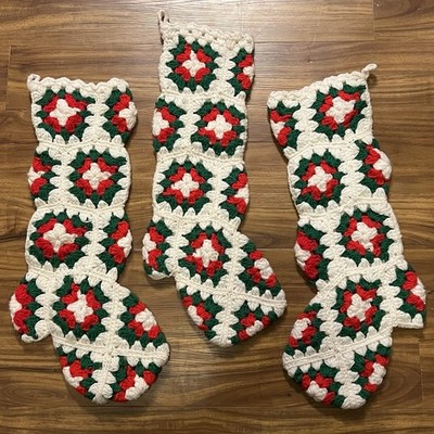 Vintage Lot of 3 Crochet Granny Square Christmas Stockings Red Green White Heels