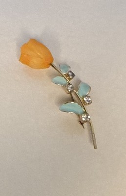 Vintage Tulip Enamel Rhinestone Gold Tone Brooch Spring Luminous Orange Flower