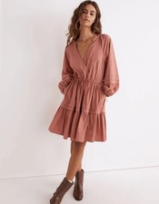 Madewell Poplin Wrap Mini Dress Size Medium Quartz Pink Peasant Balloon Sleeves