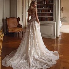 Boho Wedding Dresses Champagne V-Neck 3D Flower Applique Lace Bridal Gowns Beach