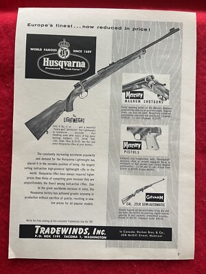 Vintage 1959 Print Ad Husqvarna Mercury Shotguns Pistols Gevarm .22 Semi Auto