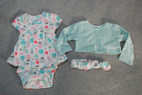 Baby Girls Outfit WHITE DRESS Pink Aqua Flowers MINT JACKET Headband 12 MO