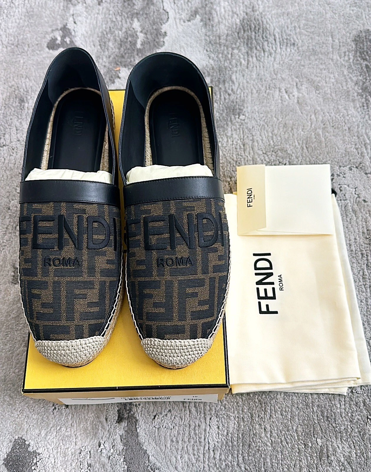 Autentiche espadrillas da uomo Fendi FF tessuto jacquard Roma US11 EU44 UK10 PREZZO AL PUBBLICO $695