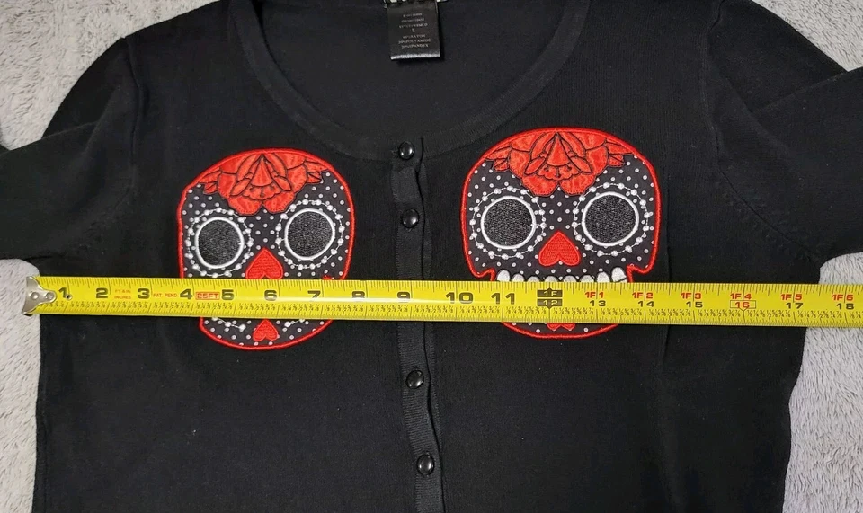 Sugar Skull Cardigan Day Of The Dead Size Lg Black Applique Retro Too Fast Brand - Image 4 of 4