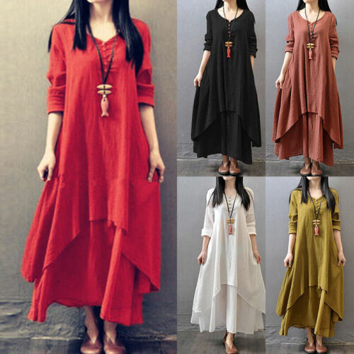 Women Vintage Kaftan V Neck Loose Casual Cotton Oversized Long  Gypsy Maxi Dress - Picture 1 of 24