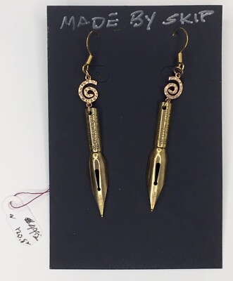 Handcrafted Antique Pen Nib Dangle Drop Earrings Gold Tone Artisan Made