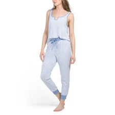 Splendid Womens Blue Striped Sleeveless Top Joggers Pajamas 2 Pc Set Sz L New