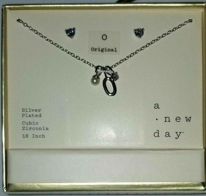 Silver-Plated CZ Necklace & Stud Earrings Set by A New Day 18 Inch-image