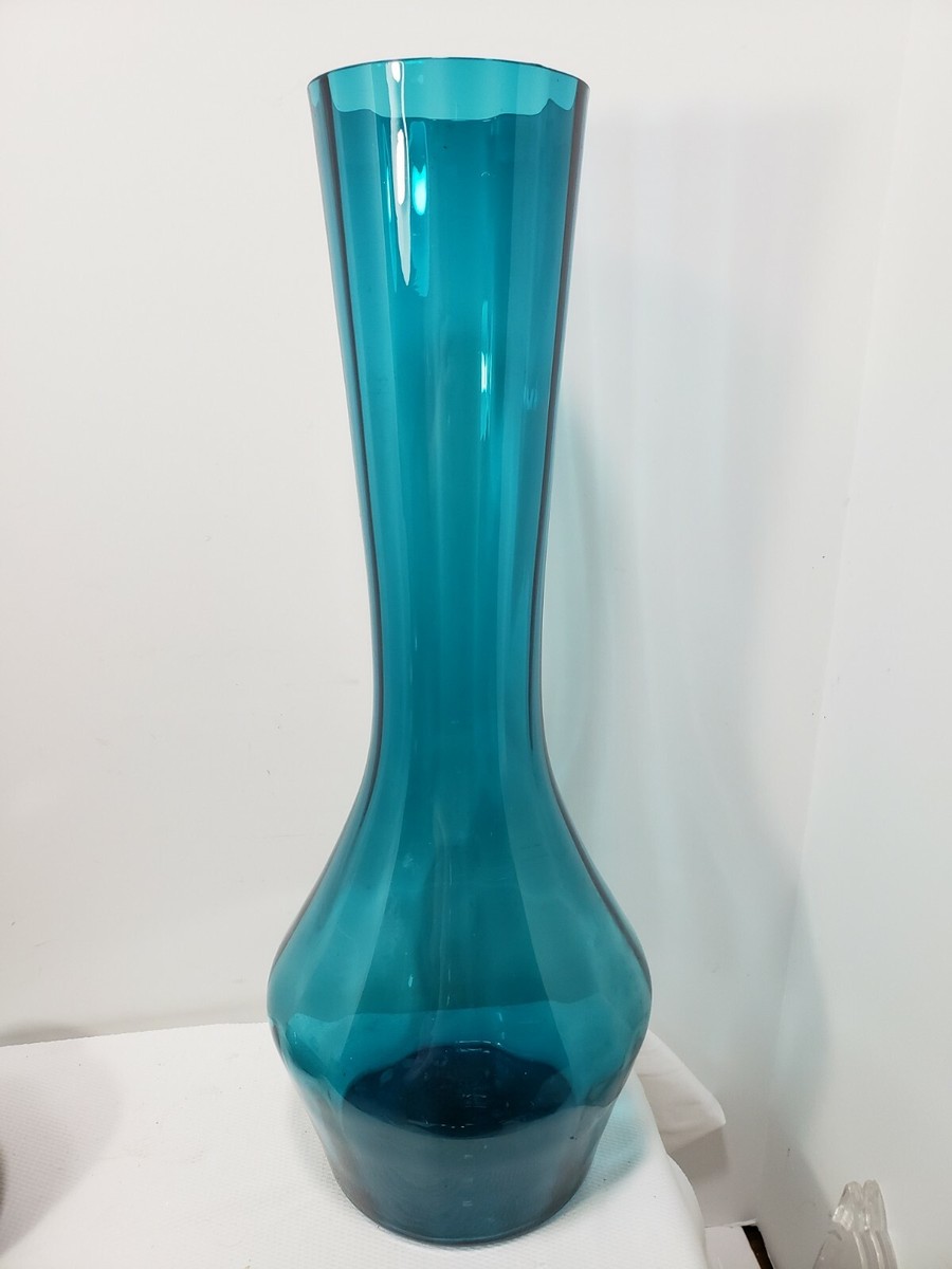 Vtg Tall Optic Blue Glass Vase 18