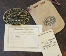 Vintage Wells Fargo Credit Corp Brass Belt Buckle With Registration Papers