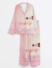 Women  s Champagne Pink Retro Bar Short Sleeve Satin Pajama Set